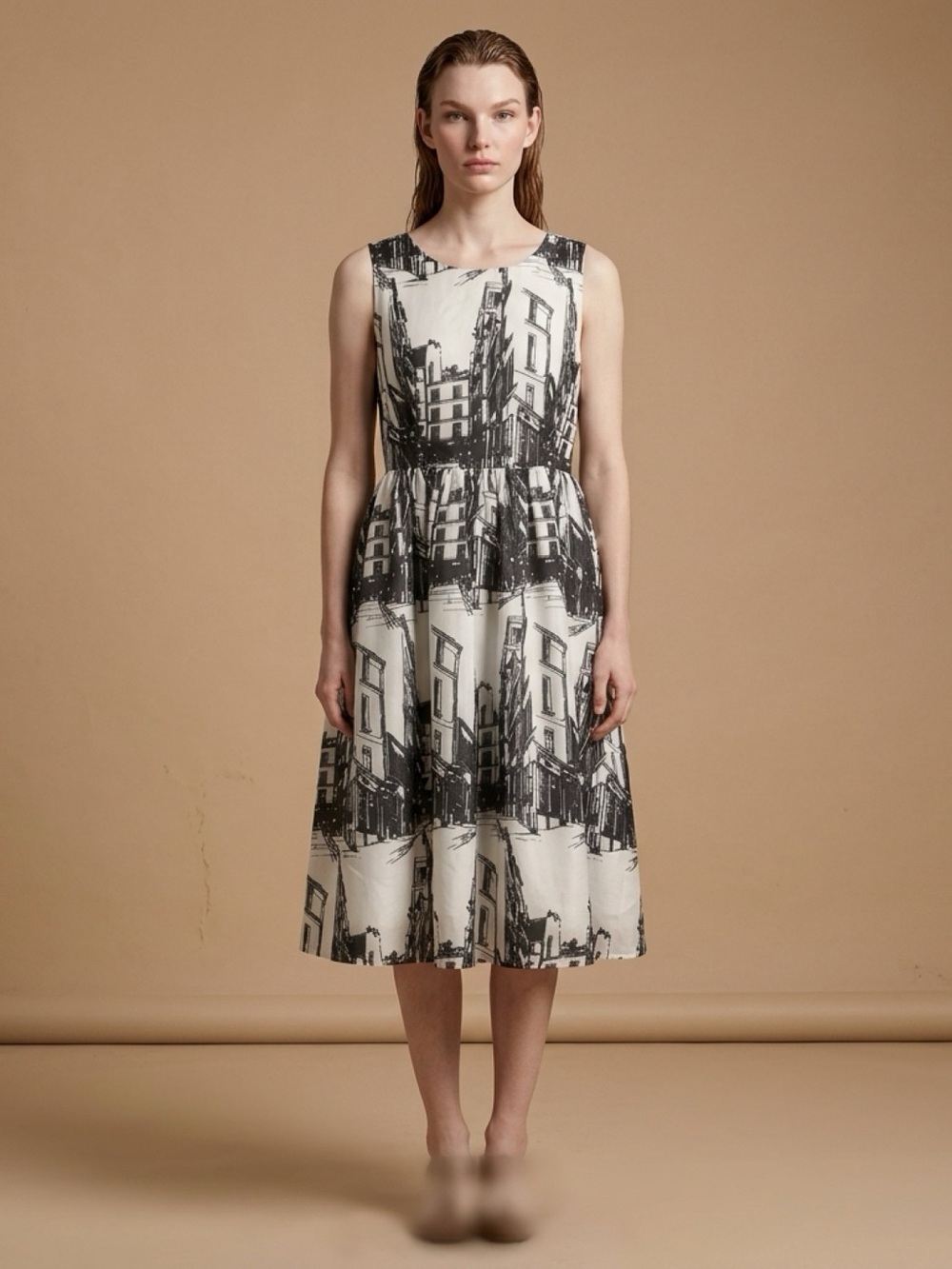 Sweet Sinammon Sleeveless Cityscape Print Fit-and-Flare Dress.